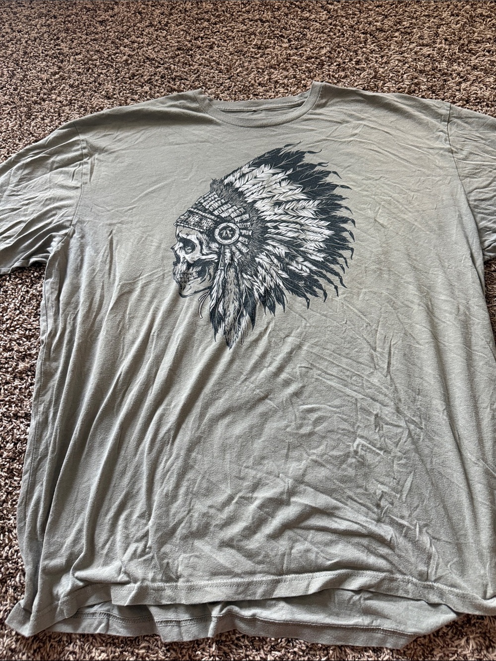 Men's Olive Green Short Sleeve Graphic Crewneck Tee with Headdress Skull